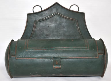 COUNTRY PAINTED TOLEWARE CANDLE TIN, 19/20TH C., L. 11"