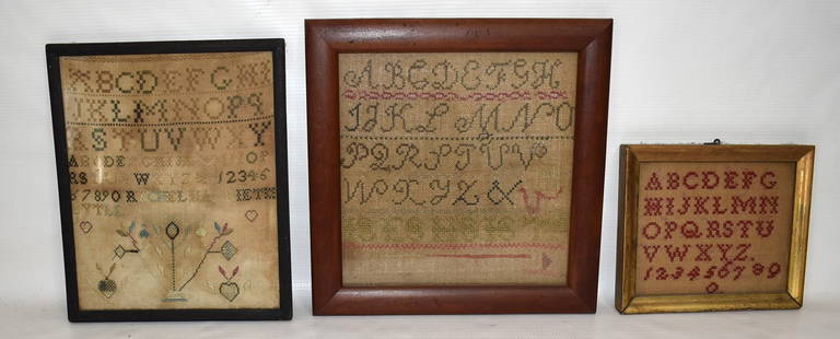 LOT (3) FOLK ART ALPHABET SAMPLERS, 19TH C.: LOT (3) FOLK ART ALPHABET SAMPLERS, 19TH C., LARGEST 10" X 9 1/2"