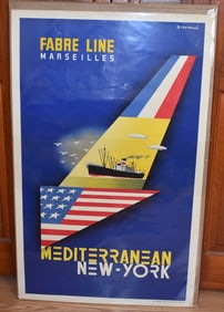 LITHO TRAVEL POSTER FABRE LINE MEDITERRANEAN-NY SIGNED