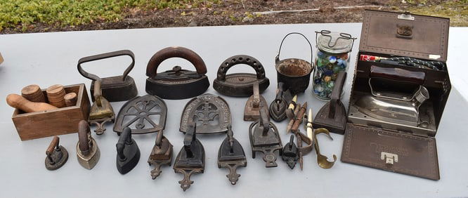 LARGE LOT ASSORTED CHILDS IRONS W/TRIVETS, 19TH C.