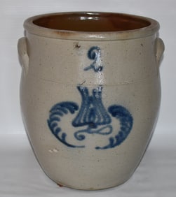 EARLY SALT GLAZED 2 GAL. STONEWARE OVOID CROCK W/TULIP