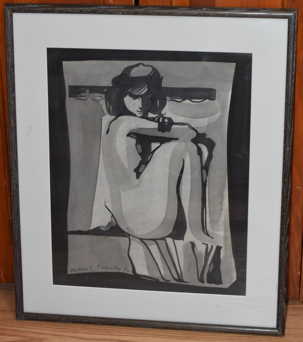W/C INK SEATED NUDE SIGNED MIKHAIL TUROVSKY, C. 1986: W/C INK SEATED NUDE SIGNED MIKHAIL TUROVSKY, C. 1986, SIGHT 17 1/2" X 14", OVERALL 23" X 20"