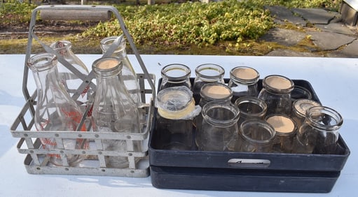 ASST. MILK BOTTLES W/CARRIER & (13) SOUR CREAM BOTTLES