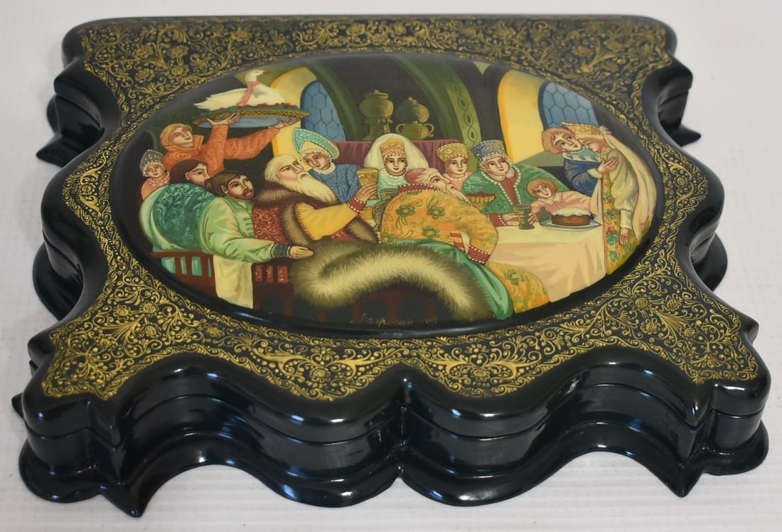 H/P RUSSIAN LACQUERED BOX W/SCENIC UNHAPPY BRIDE TITLED (1 of 5)