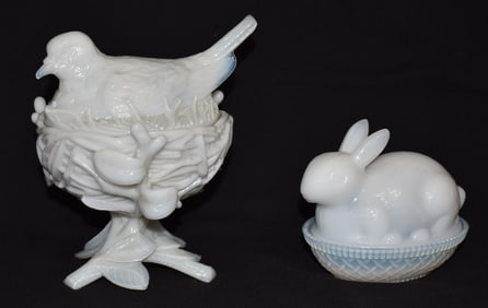 2 VINT. MOURNING DOVE ON NEST MILK GLASS COMPOTE/RABBIT