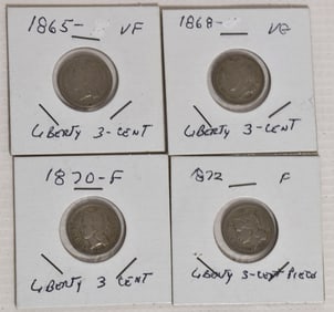 LOT (4) 1865, 1868, 1870 & 1872 3 CENT NICKELS