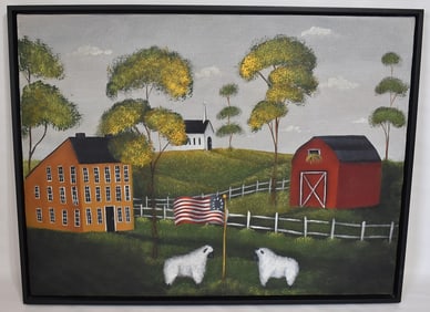 O/C FOLK ART LANDSCAPE SIGNED BONNIE BLAKE 2003