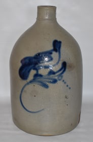 2 GAL SALT GLAZED STONEWARE JUG W/BIRD ON BRANCH COBALT