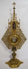 ANTIQUE ENGRAVED BRASS/BRONZE MONSTRANCE W/CAST BRONZE