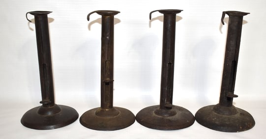 4 EARLY AMERICAN IRON HOGSCRAPER CANDLESTICKS INCL SHAW