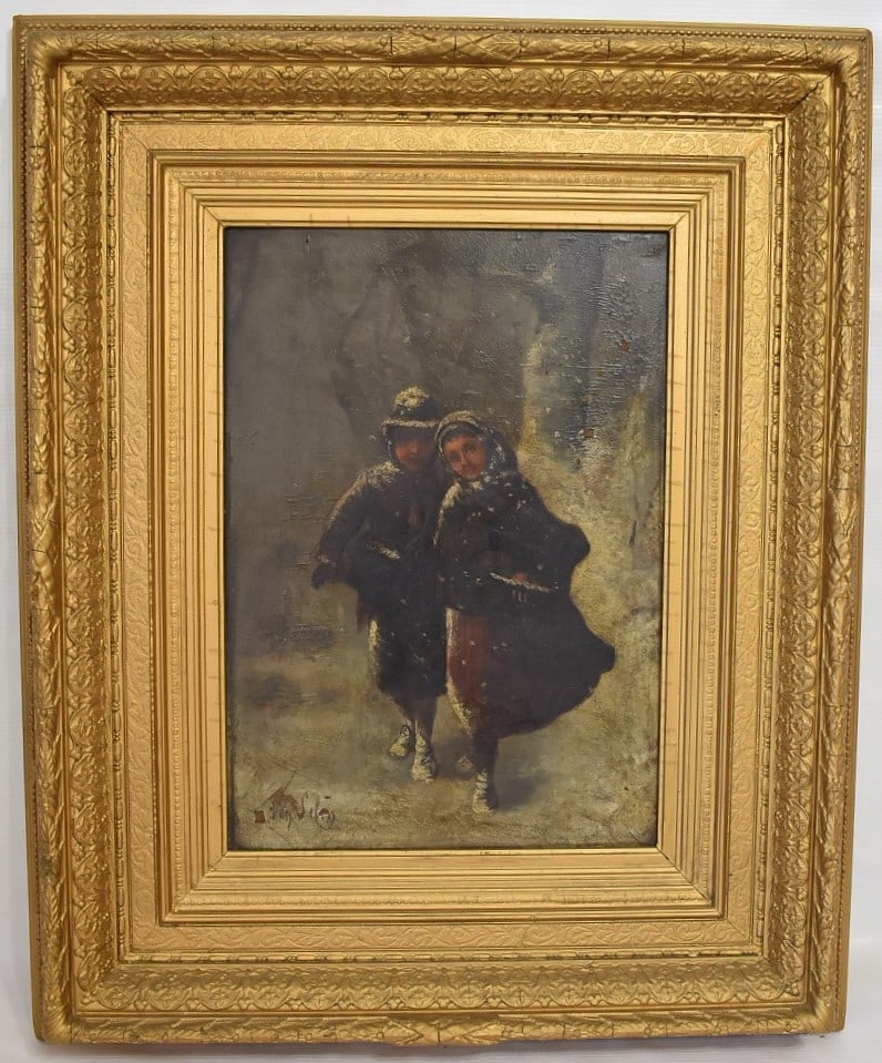 O/P WINTER WALK SIGNED VAN SELIG, 19TH C.: O/P WINTER WALK SIGNED VAN SELIG, 19TH C., SIGHT 16" X 12", OVERALL 24 1/2" X 20"