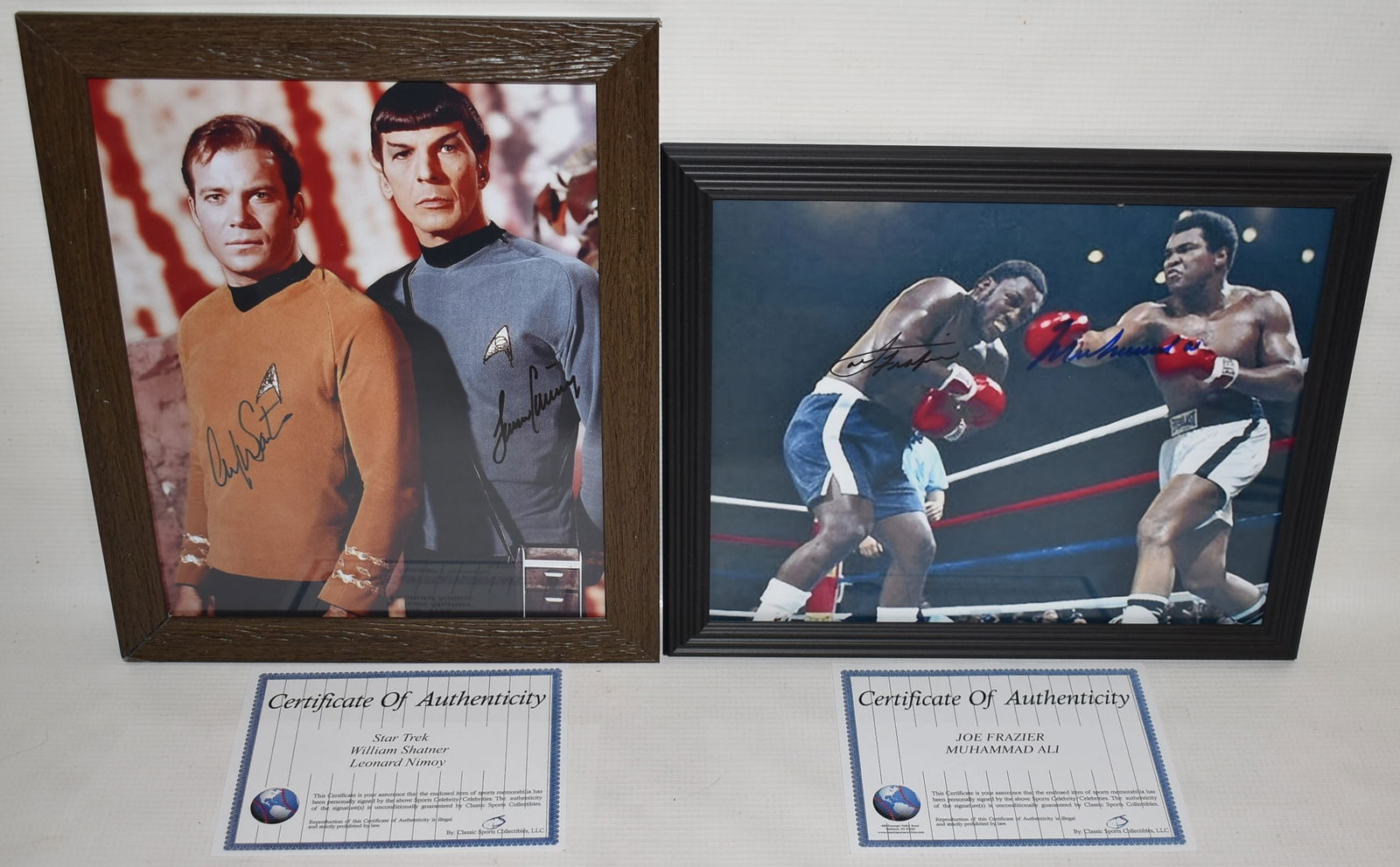 2 AUTOGRAPHED PHOTOS FRAZIER & ALI/SHATNER & NIMOY: LOT (2) AUTOGRAPHED PHOTOS JOE FRAZIER & MUHAMMAD ALI/WILLIAM SHATNER & LEONARD NIMOY W/COA'S, 8" X 10"