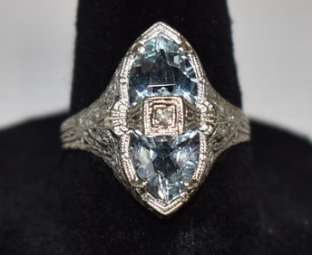 ART DECO 14KT WHITE GOLD/SAPPHIRE/TOURMALINE FILIGREE RING