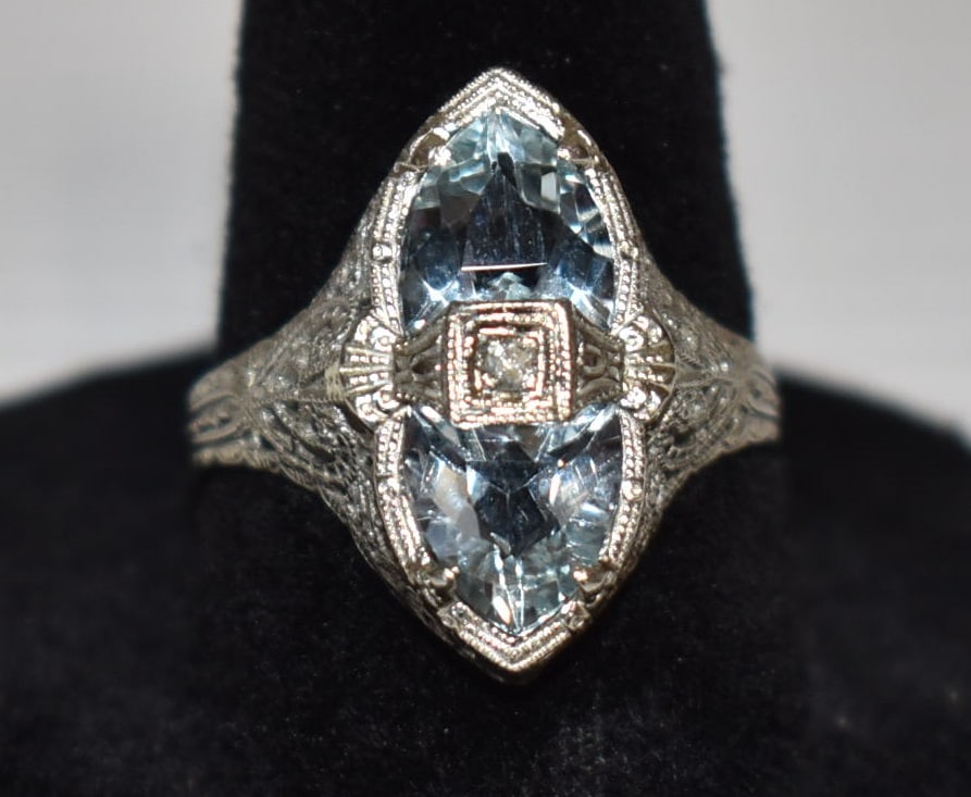 ART DECO 14KT WHITE GOLD/SAPPHIRE/TOURMALINE FILIGREE RING: ART DECO 14KT WHITE GOLD/SAPPHIRE/TOURMALINE FILIGREE RING, C. 1920, W. 1.8 DWT, SZ. 7