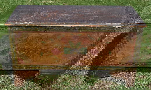 SCHWABEN CREEK VALLEY/AREA BLANKET CHEST: SCHWABEN CREEK VALLEY/AREA BLANKET CHEST BASKET OR URN W/FLORAL ARRANGEMENT, SNIPE HINGES, C. 1830, H. 25" W. 43 1/2" D. 19"