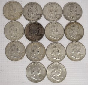 LOT (14) FRANKLIN SILVER HALF DOLLARS, 1950-1963