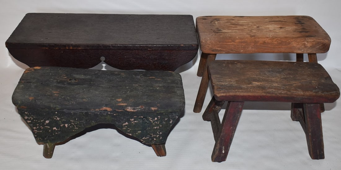 LOT (4) COUNTRY PINE CRICKET STOOLS, 19TH C. (1 of 13)