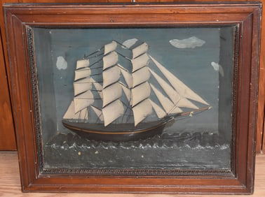 FOLK ART THREE MASTED CARVED/PAINTED SHIPS DIORAMA
