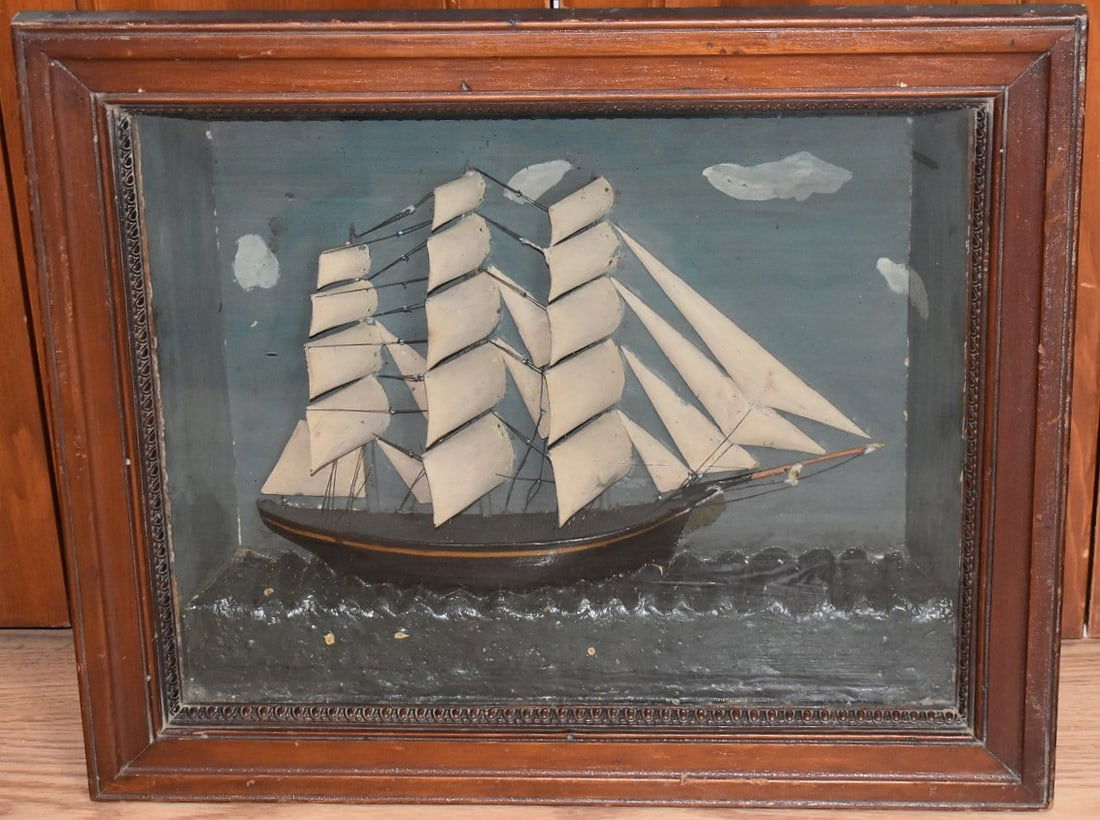 FOLK ART THREE MASTED CARVED/PAINTED SHIPS DIORAMA (1 of 8)