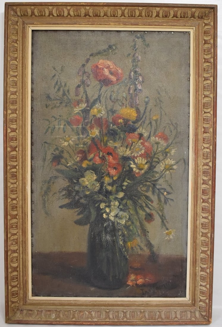O/C STILL LIFE W/FLOWERS SIGNED ILLEGIBLE, 19/20TH C. (1 of 9)