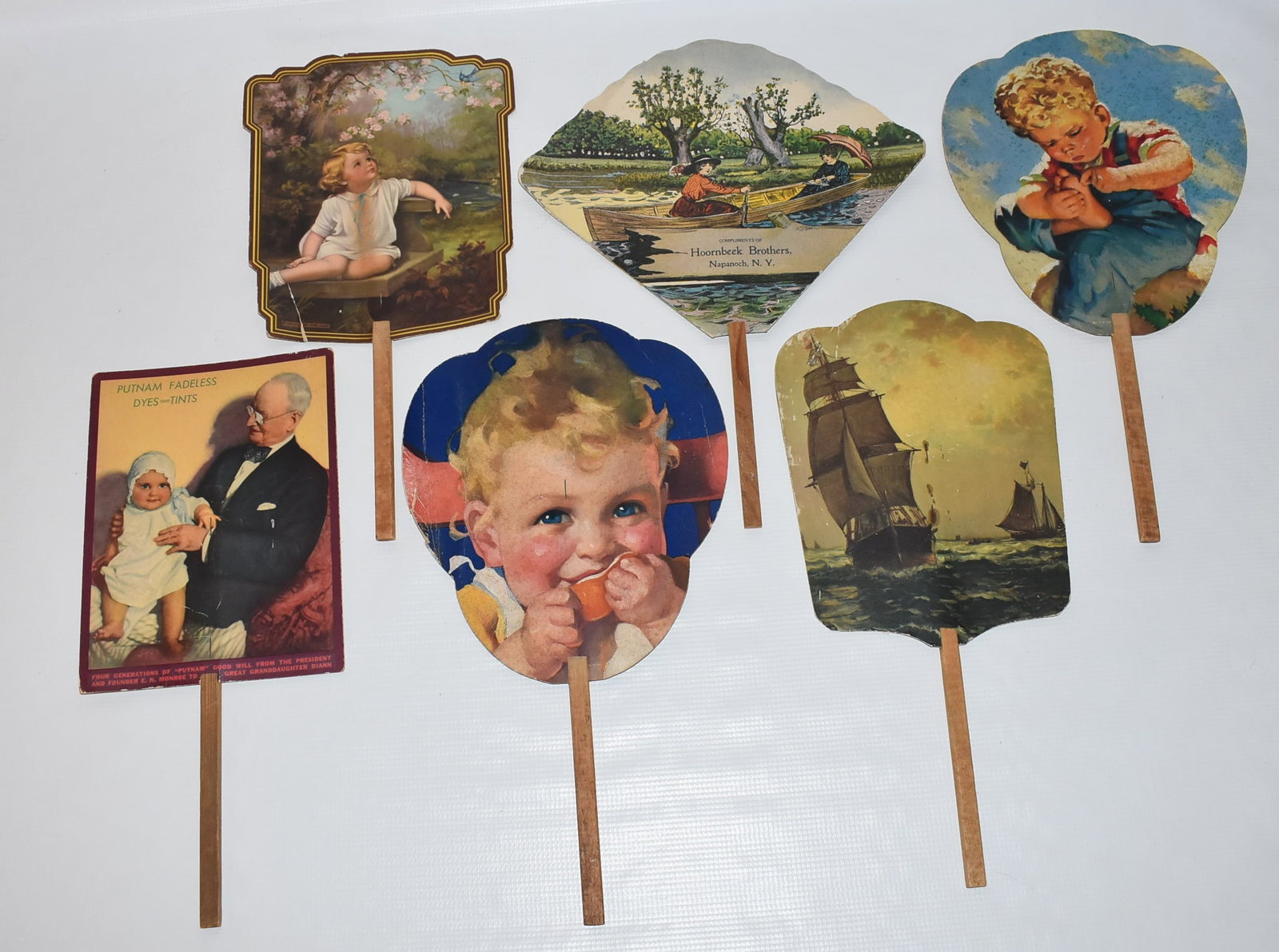 LOT (6) ASSORTED ADVERTISING PAPER FANS, C. 1920/40: LOT (6) ASSORTED ADVERTISING PAPER FANS, C. 1920/40