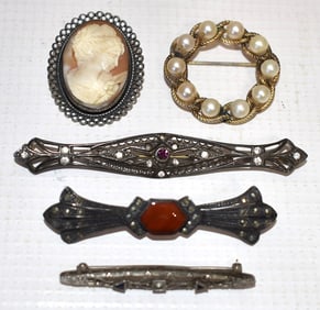 LOT ASSORTED VICTORIAN STERLING PINS/CAMEO, 19/20TH C.