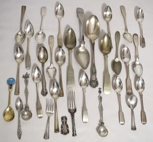 BAG LOT ASSORTED COIN/STERLING FLATWARE, 19/20TH C.