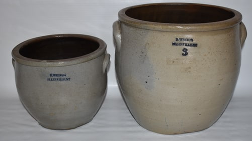 (2) D. WESTON SALT GLAZED STONEWARE CROCKS W/BLUE STAMP