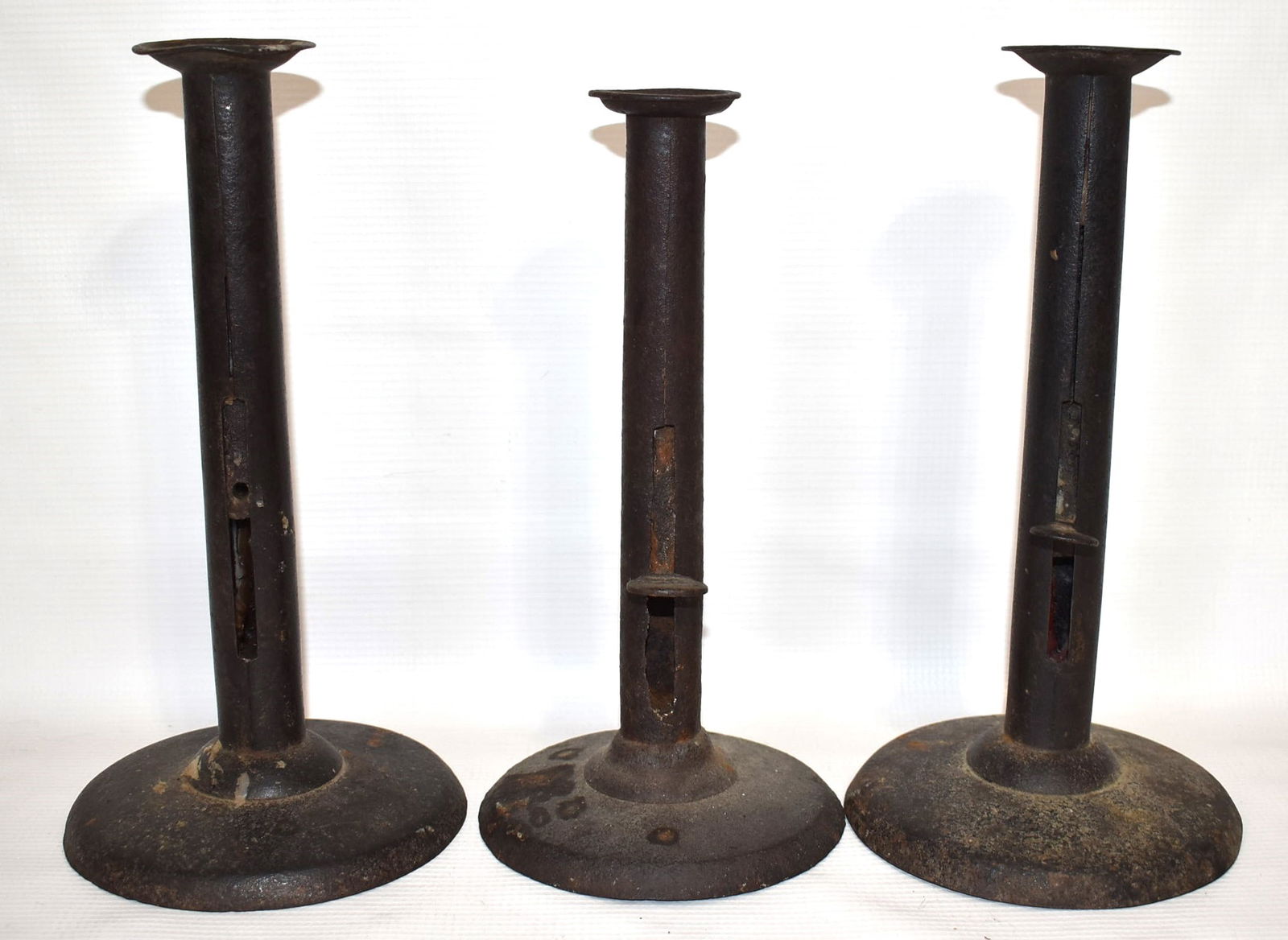 3 EARLY AMERICAN IRON HOGSCRAPER CANDLESTICKS, 19TH C. (1 of 8)