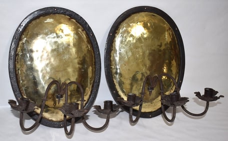 PAIR EARLY FEDERAL WROUGHT IRON/BRASS CANDLE SCONCES