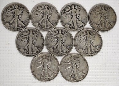 LOT (9) WALKING LIBERTY SILVER HALF DOLLARS
