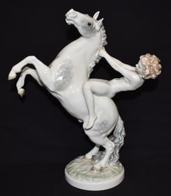 HUTSCHENREUTHER PORCELAIN NUDE ON HORSEBACK SIGNED G.J.