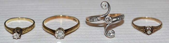 LOT (4) DECO 14KT YELLOW GOLD/DIAMOND RINGS, C. 1900