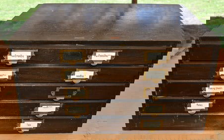 DECO SPOOL CABINET W/ASSORTED CONTENTS, C. 1930