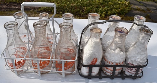 ASSORTED MILK BOTTLES W/2 CARRIER RACKS, 19/20TH C.