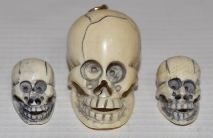 LOT (3) FRENCH CARVED SKULLS, 19TH C.