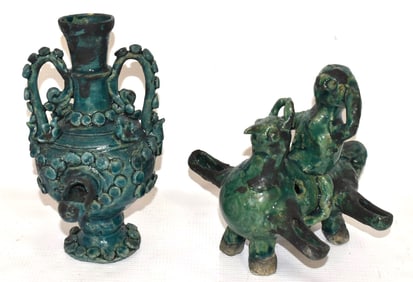 LOT (2) PERSIAN GLAZED POTTERY OIL LAMPS, 19/20TH C.