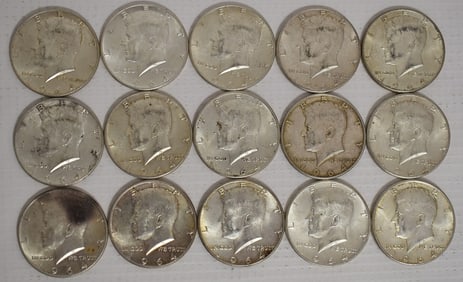 LOT (15) 1964 KENNEDY SILVER HALF DOLLARS