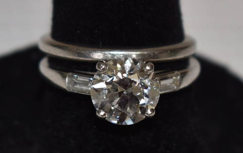 2 ART DECO PLATINUM/DIAMOND ENGAGEMENT RING W/ BAND: LOT (2) ART DECO PLATINUM/DIAMOND ENGAGEMENT RING W/WEDDING BAND, C. 1945, DIAM. 1.95 CT. EUROPEAN CUT, W. 3.1 DWT, SZ. 6