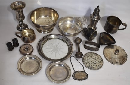 LOT ASST. STERLING INCL. BOWLS, CUPS, SALT/PEPPER, ETC.