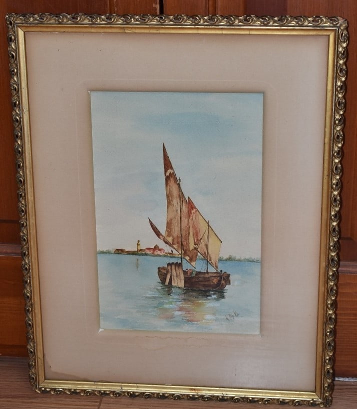 W/C SAILING SLOOP SIGNED MONOGRAM AMC, 19TH C. (1 of 6)