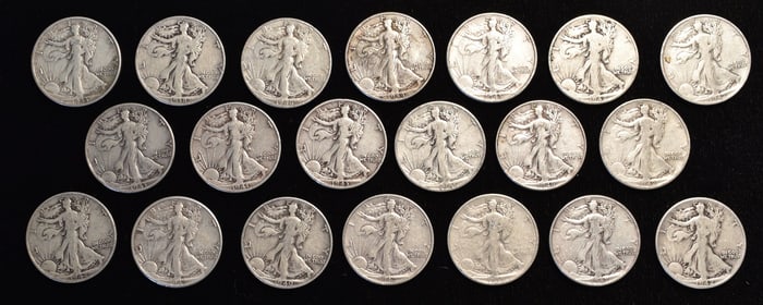 LOT (20) ASSORTED WALKING LIBERTY HALF DOLLARS