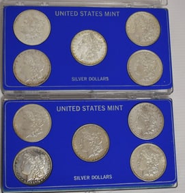 LOT (10) US MINT MORGAN SILVER DOLLARS (CASED)
