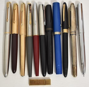 11 FOUNTAIN PENS/PENCILS INCL. 14KT NIBS, PARKER 51, 61