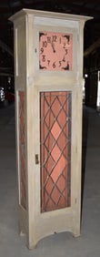 MISSION OAK TALL CASE CLOCK W/LEADED GLASS PANELS