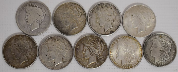 LOT (9) PEACE/MORGAN SILVER DOLLARS, VARIOUS DATES