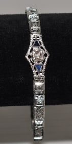 ART DECO 14KT WH. GOLD/DIAM./SAPPHIRE FILIGREE BRACELET