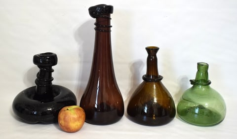 LOT (4) MCM HAND BLOWN ABSTRACT GLASS BOTTLES, 20TH C.