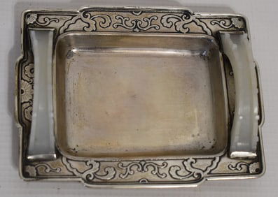STERLING/WHITE JADE DRESSER TRAY, C. 1900, 4" X 5"