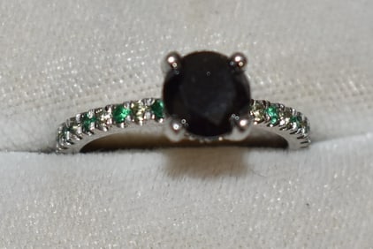 ART DECO PLATINUM/BLACK DIAMOND/EMERALD RING, C. 1980